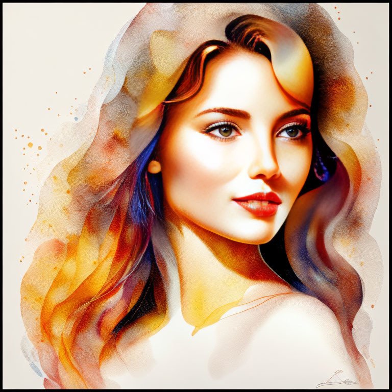 Vibrant Watercolor Portrait of Woman with Flowing Hair