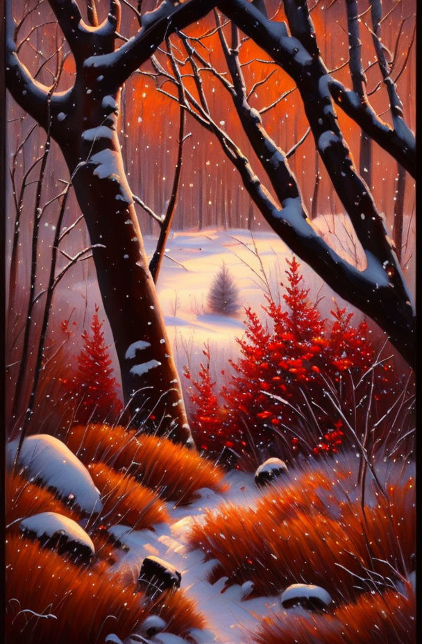 Snow-covered winter forest with red bushes and falling snowflakes