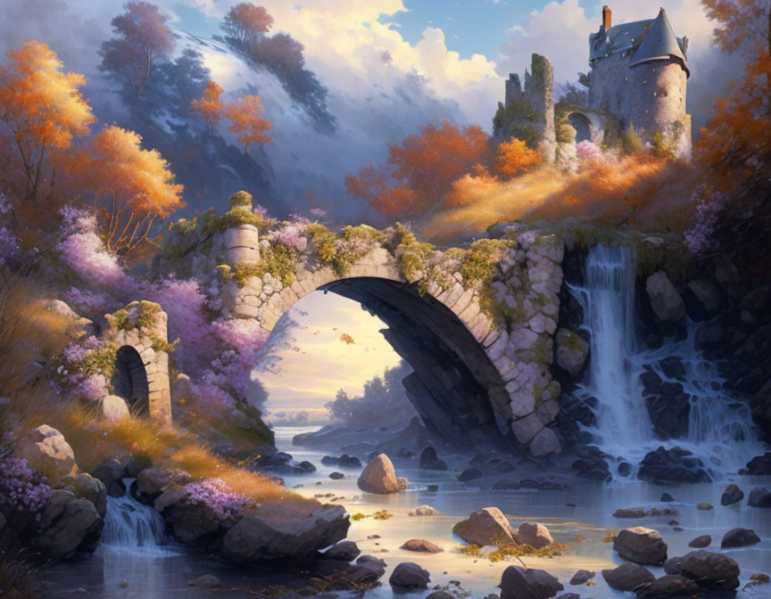 Fantasy landscape with waterfall, stone bridge, castle, autumn trees, cloudy sky