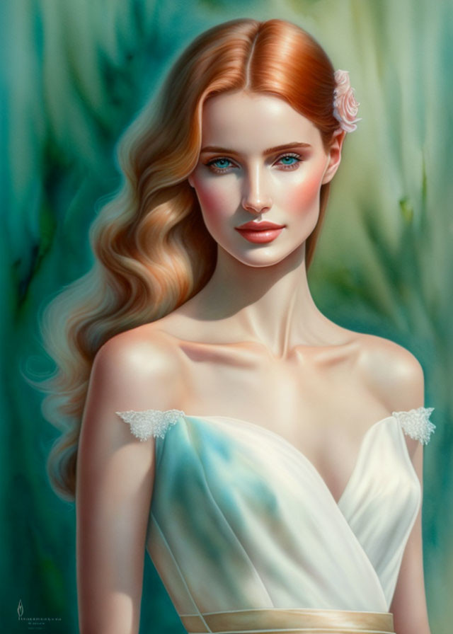 Digital portrait of woman with wavy hair, blue eyes, rose in hair, off-shoulder