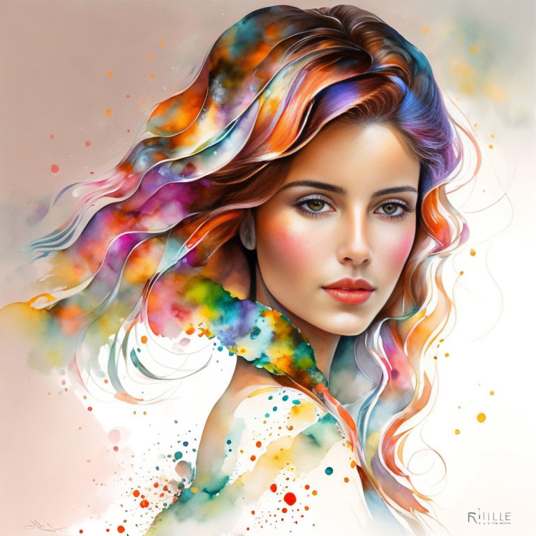 Colorful Watercolor Digital Artwork of Woman with Flowing Hair