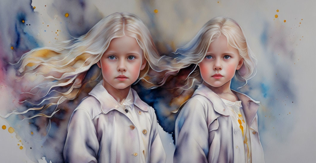 Identical girls with blonde hair & blue eyes in dreamy watercolor style