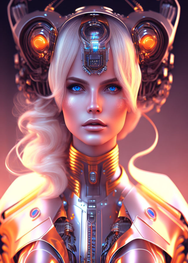 Blonde Female Android with Futuristic Headgear and Blue Eyes