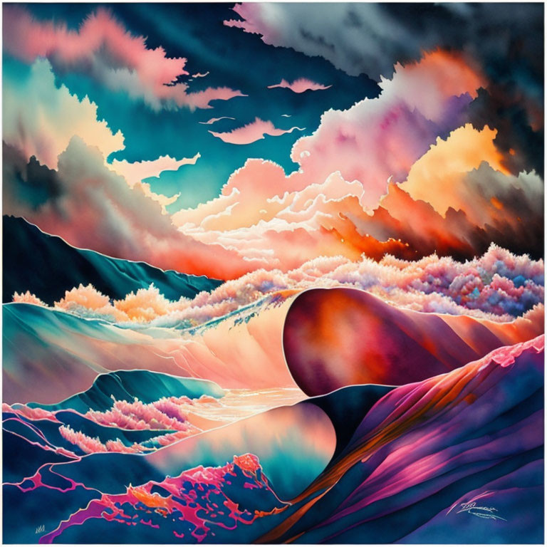 Surreal painting of pink and purple waves under colorful sky