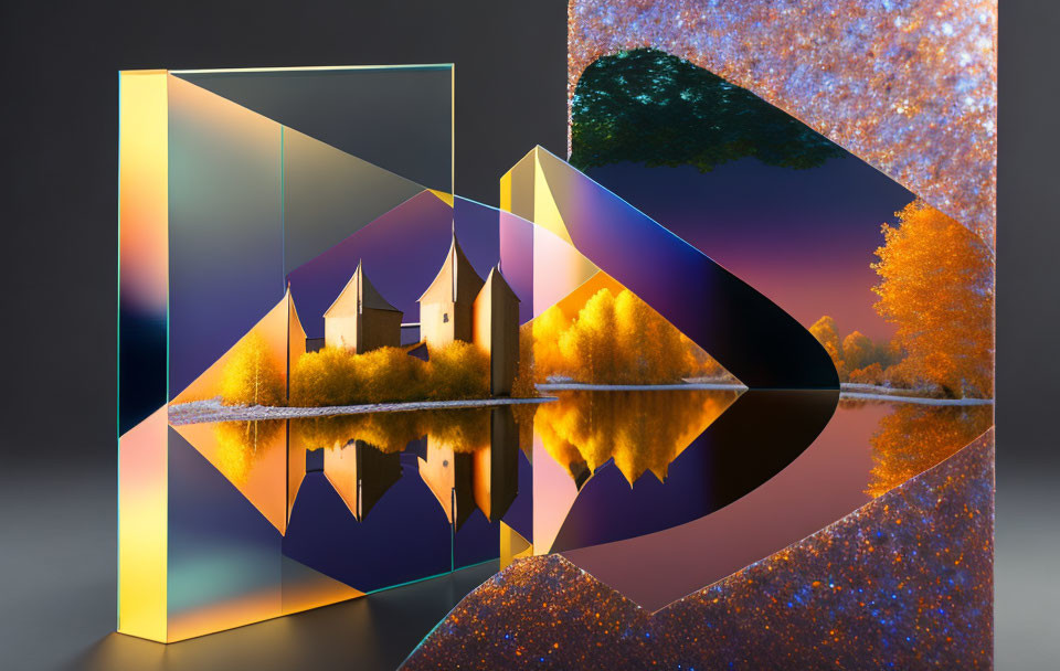 Geometric Shapes Reflecting Surreal Autumn Landscape