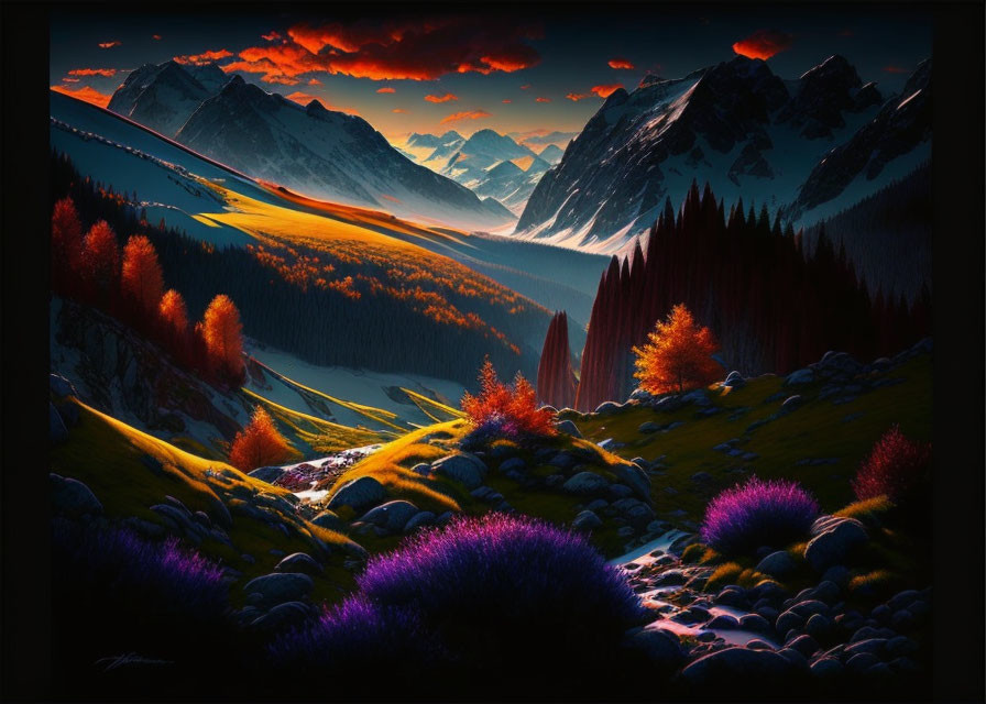 Colorful sunset illuminates mystical mountain valley with luminous plants, rolling hills, and shadowed peaks