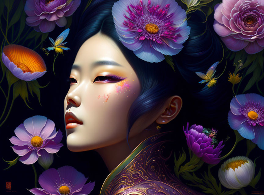 Illustrated portrait of woman with vibrant flowers, butterflies, and decorated eyes.