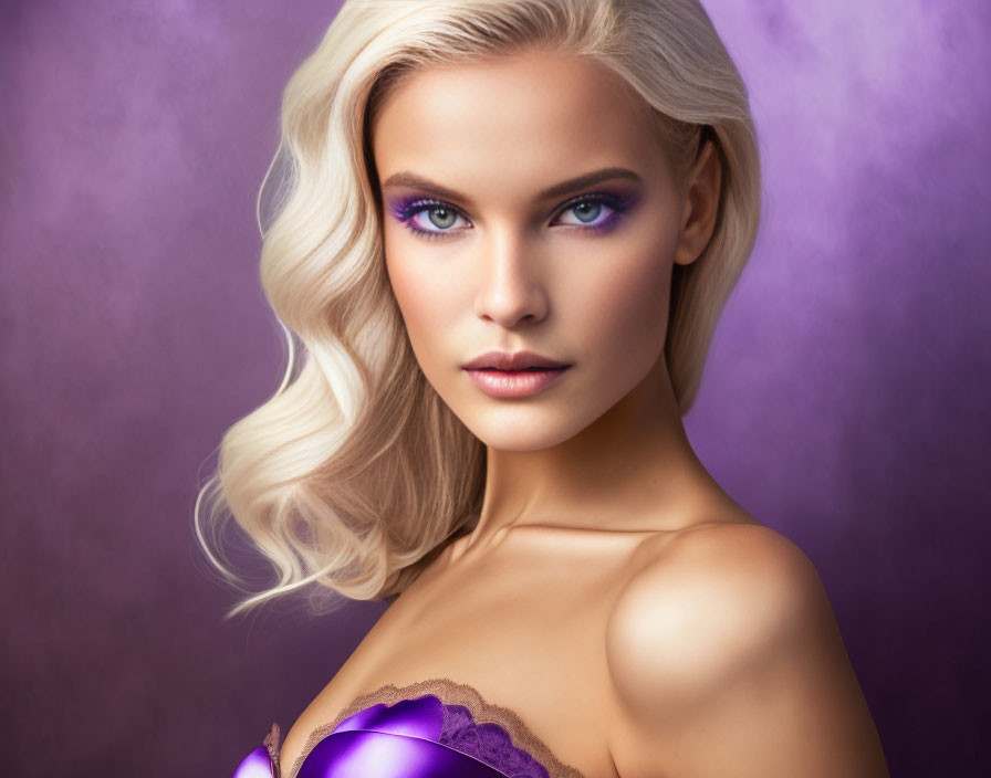 Platinum blonde woman with blue eyes in purple lingerie portrait