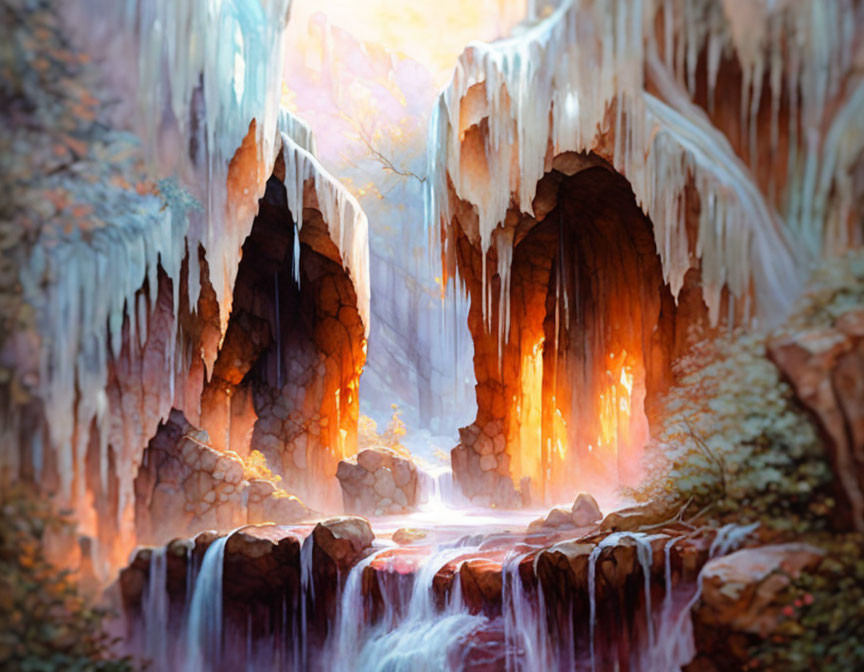 Majestic icy cave with warm light, serene river, and radiant sky