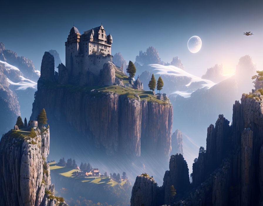 Majestic castle on cliff with snowy mountains and moon