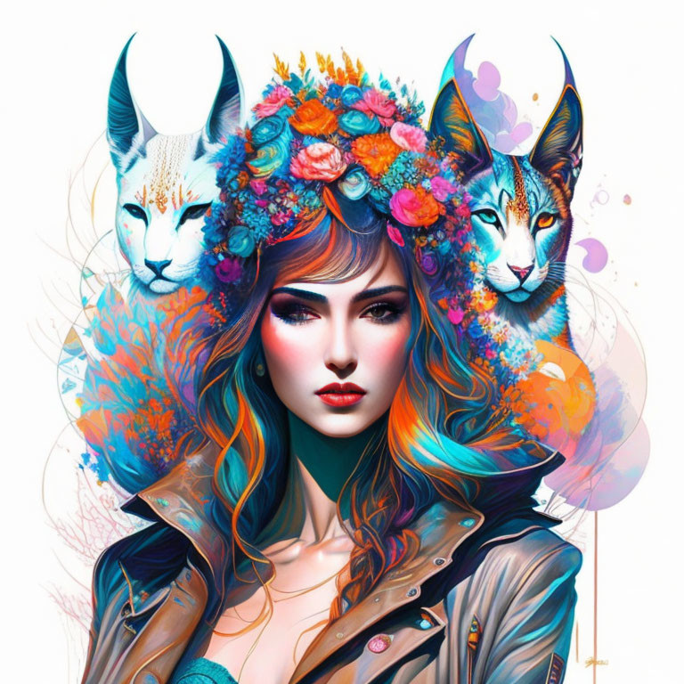 Illustration of woman with blue eyes, cats, floral motifs, and flower crown