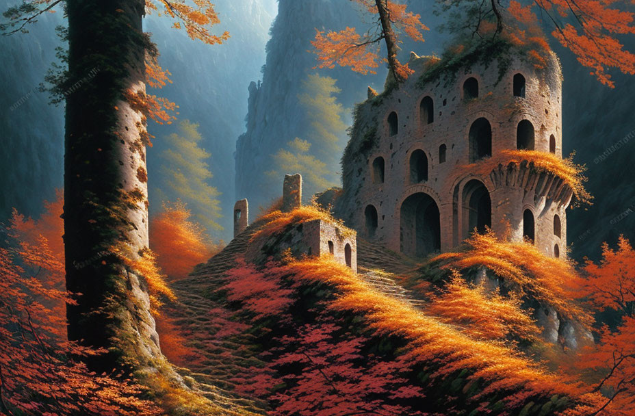 Sunlit autumn forest with ivy-covered ruined castle & vibrant orange trees