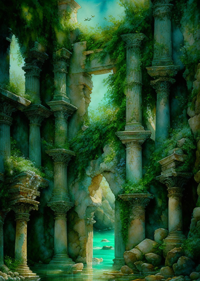 Ancient columns embraced by greenery in serene forest