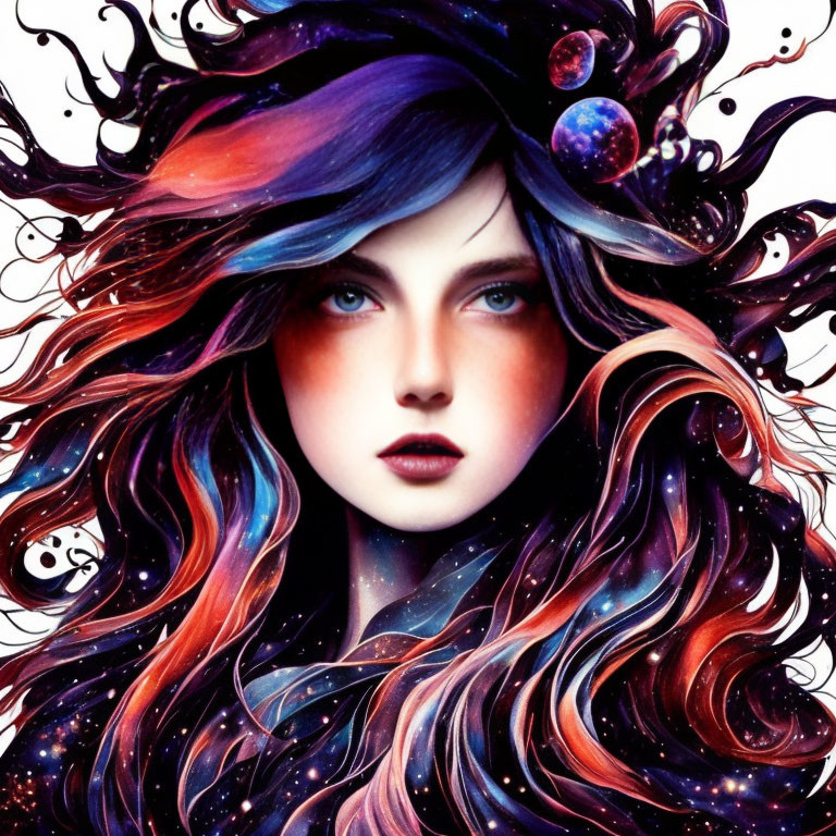 Colorful digital artwork: Woman with galaxy-themed hair in shades of purple, red, and blue