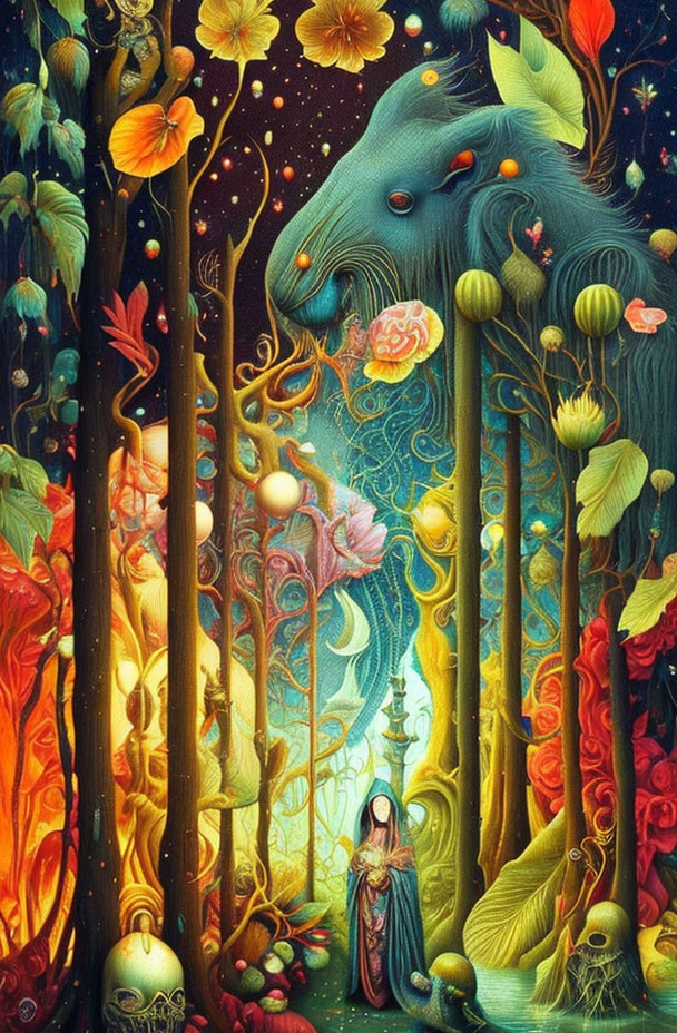 Fantastical forest illustration with robed woman and whimsical creature