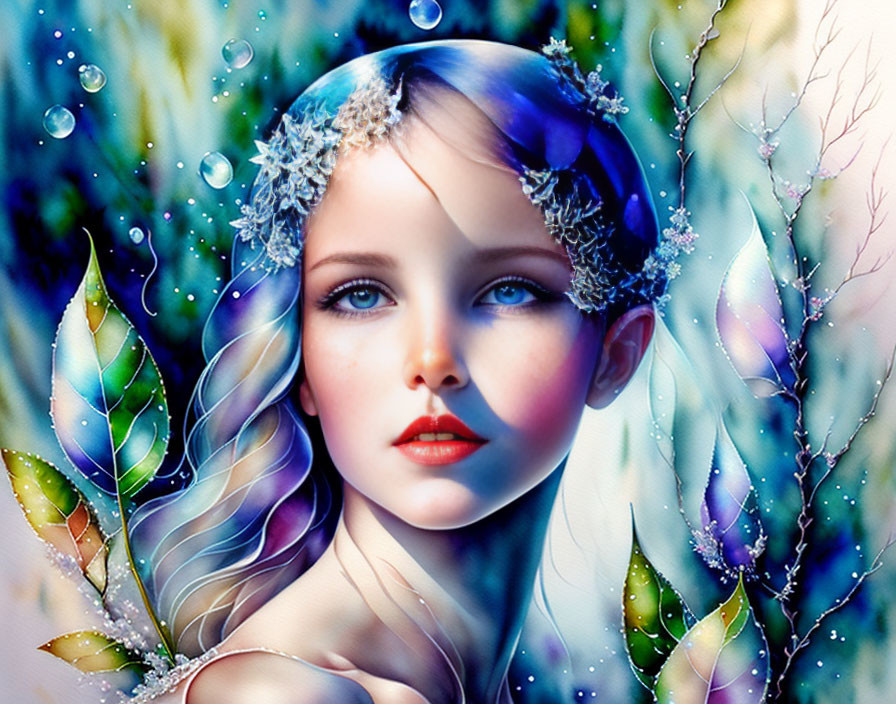 Fantastical portrait of a pale-skinned female with blue hair and frost patterns, surrounded by colorful