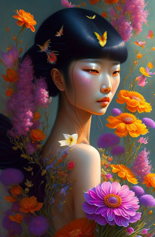 Colorful Woman with Butterflies and Flowers in Warm Hues