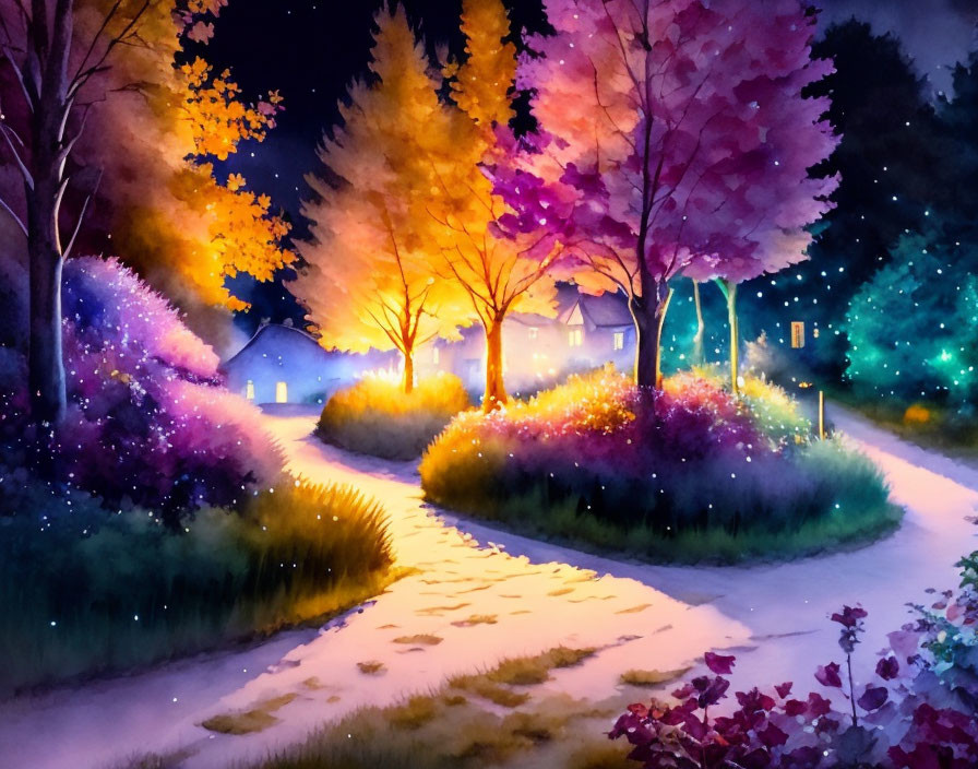 Colorful painting: Path through whimsical garden under night sky