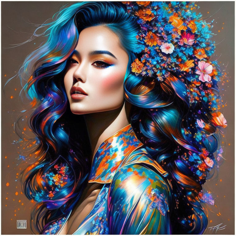 Vibrant blue hair woman with colorful flowers on floral blouse