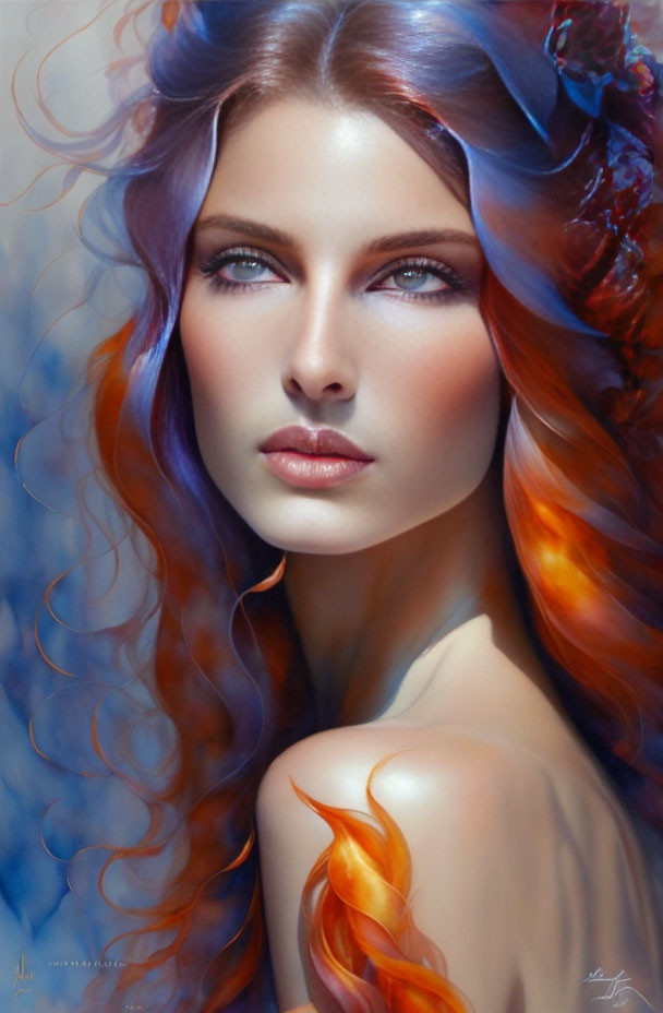 Vibrant woman with flowing blue to orange hair and blue eyes.