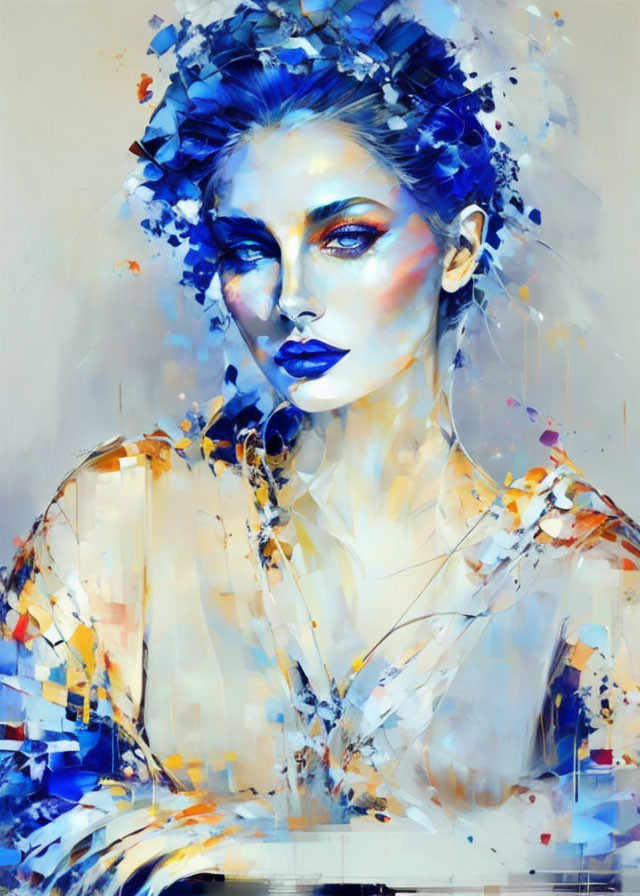 Vibrant abstract portrait of a woman with blue tones and colorful splashes, featuring striking facial features