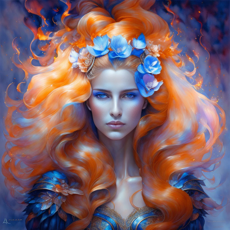 Fantasy digital artwork of a female with vibrant orange hair and blue flower decorations