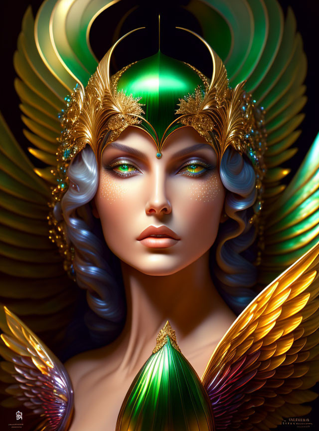 Ethereal figure with golden headdress and iridescent wings