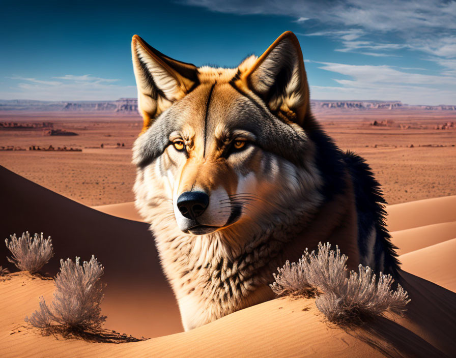 Hyper-realistic wolf's head on desert landscape with blue skies.