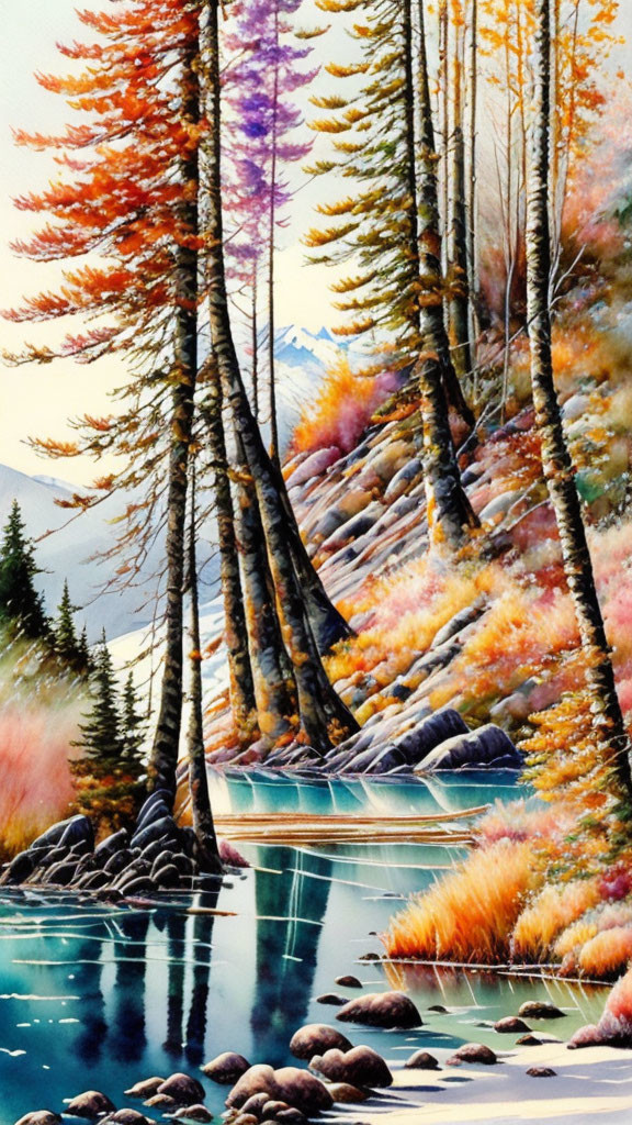 Colorful Autumn Forest Scene with Lake Reflections