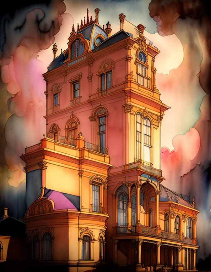 Ornate European-style building against vibrant sunset sky