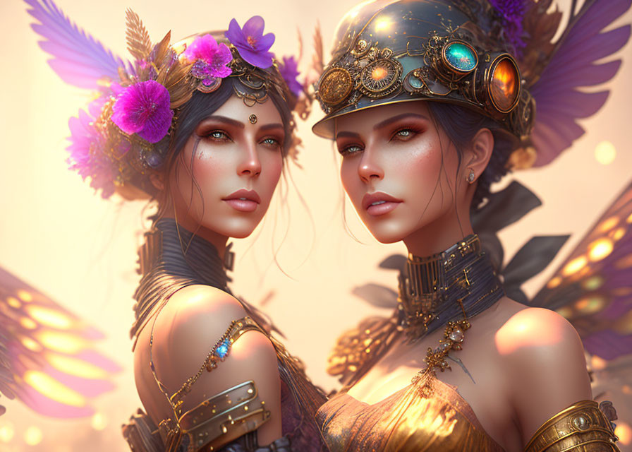 Ethereal female figures with ornate headpieces and vibrant butterfly wings in warm, golden light