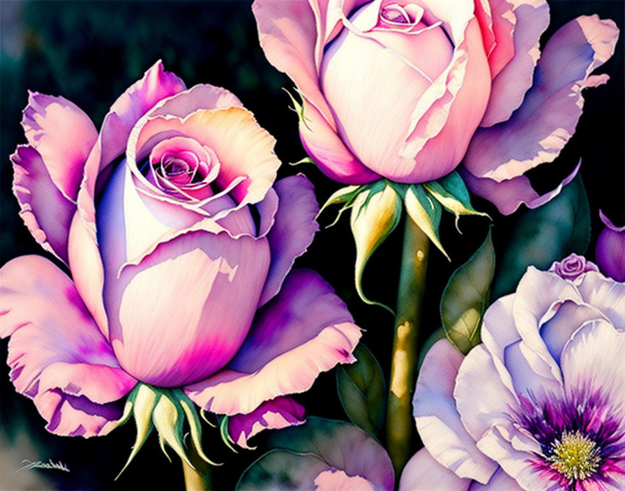 Detailed pink and purple roses illustration on dark background