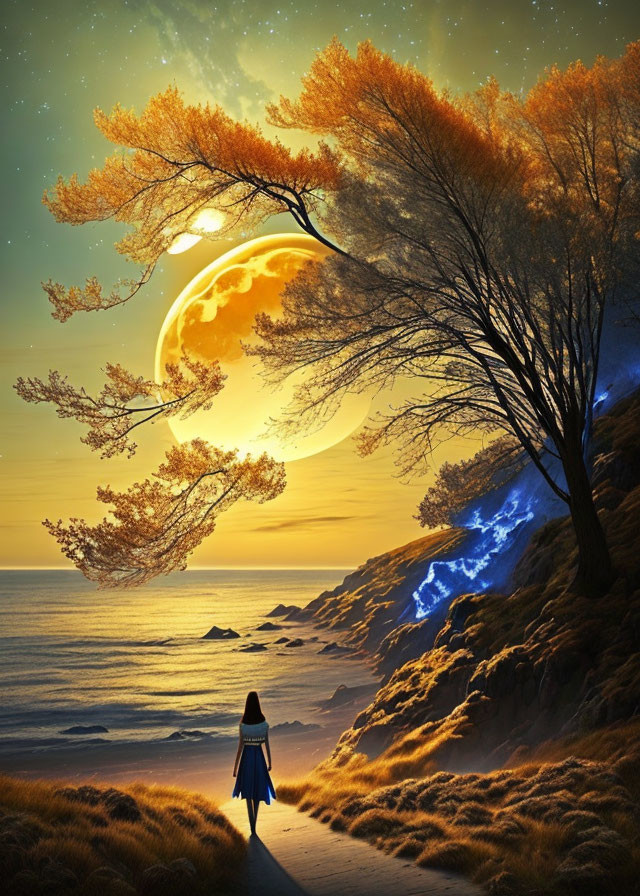 Person admires surreal moon over autumn seascape