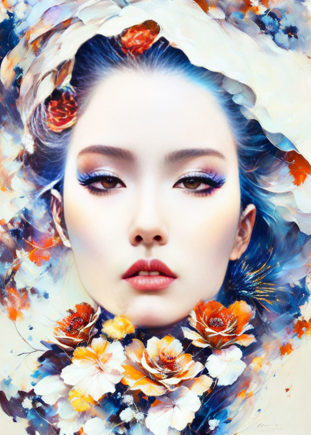 Woman portrait with floral motifs and striking makeup for an ethereal look