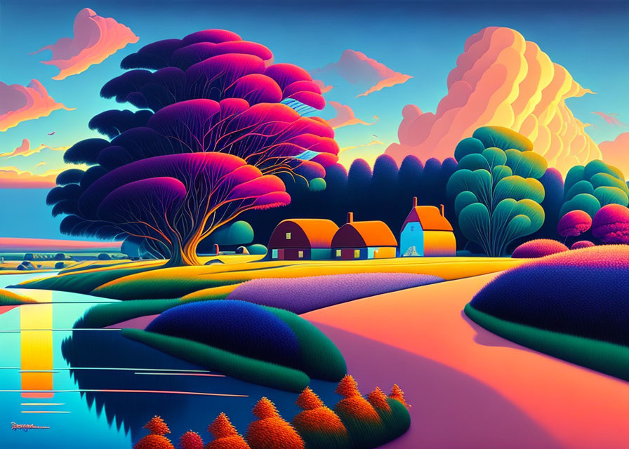 Colorful Stylized Landscape with Trees, Hills, Houses, and Lake at Sunset