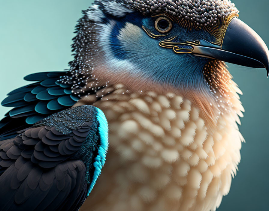 Detailed close-up of vibrant blue bird with sharp beak and intricate plumage.