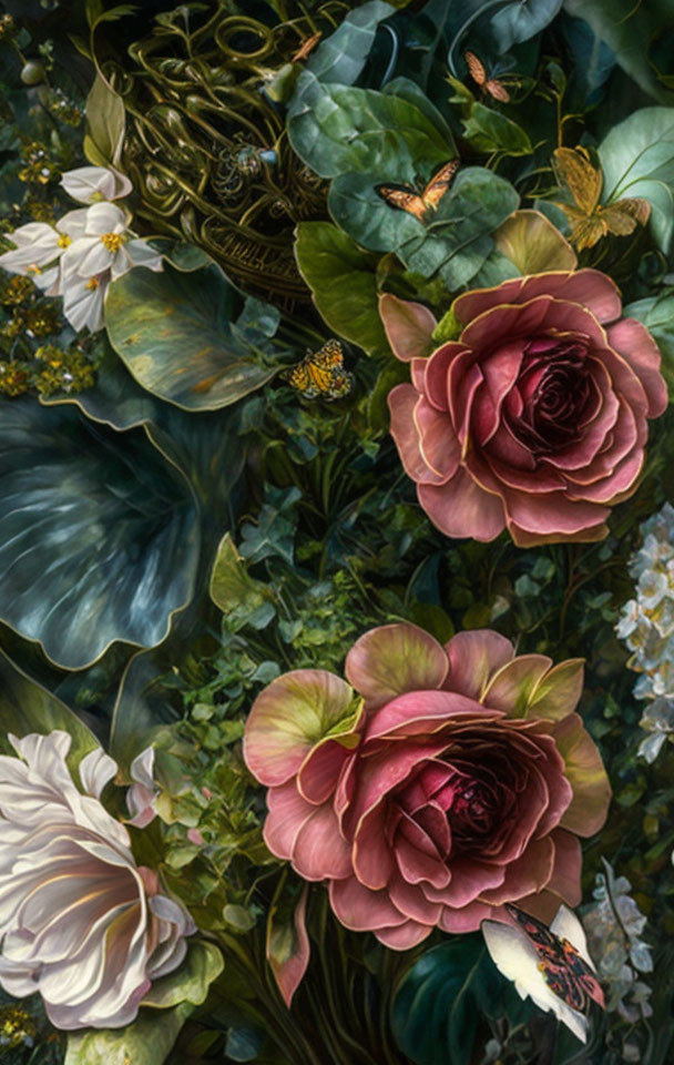 Hyper-realistic painting of vibrant red roses, white flowers, green foliage, butterflies, and a hidden