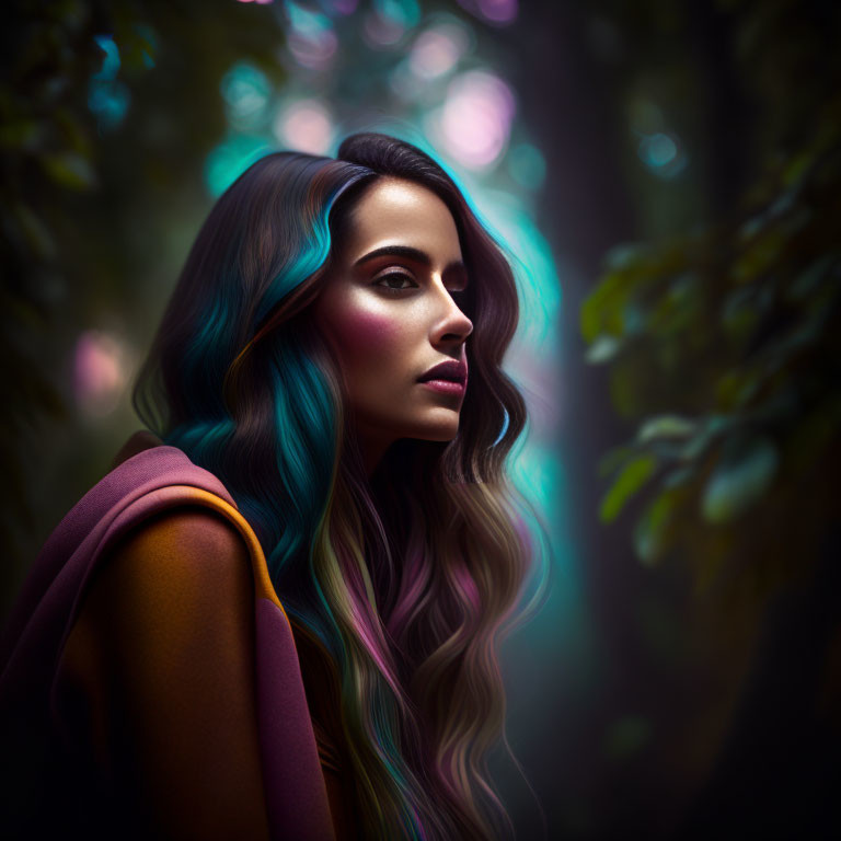 Multicolored Hair Woman in Moody Forest Setting