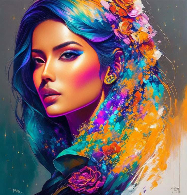 Colorful digital portrait: Woman with blue hair and orange floral accents in abstract design.