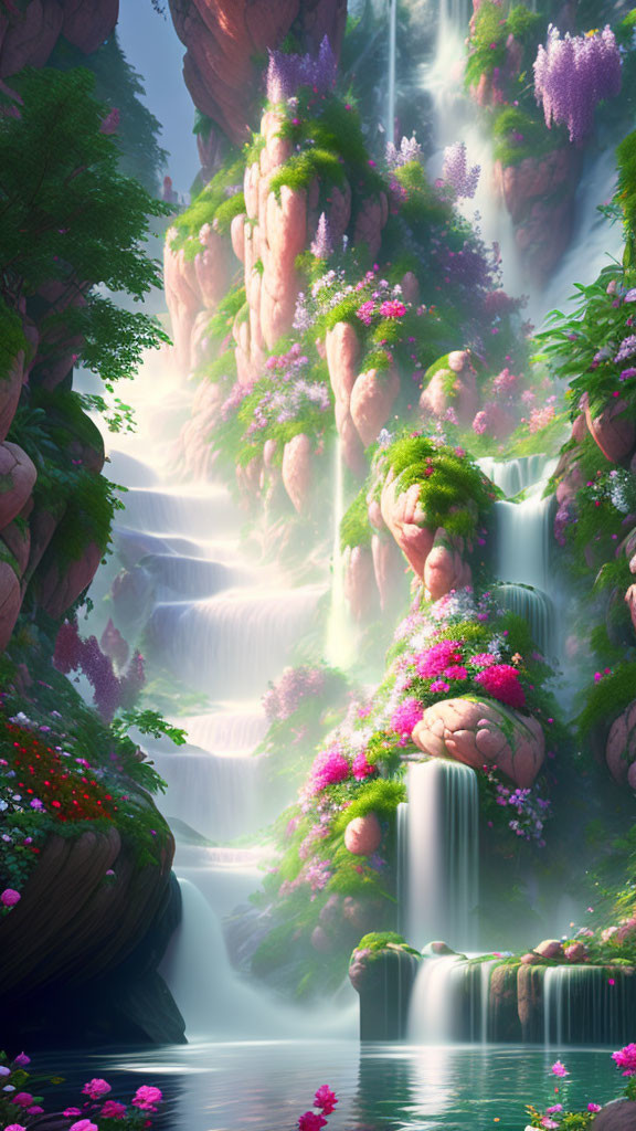 Fantastical waterfall in lush flora with moss-covered cliffs