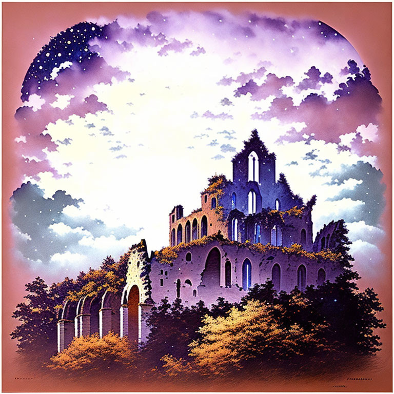 Purple-hued castle ruin surrounded by golden foliage and arches under starry sky