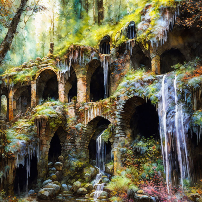 Mystical forest scene with ancient stone arches, waterfalls, lush vegetation