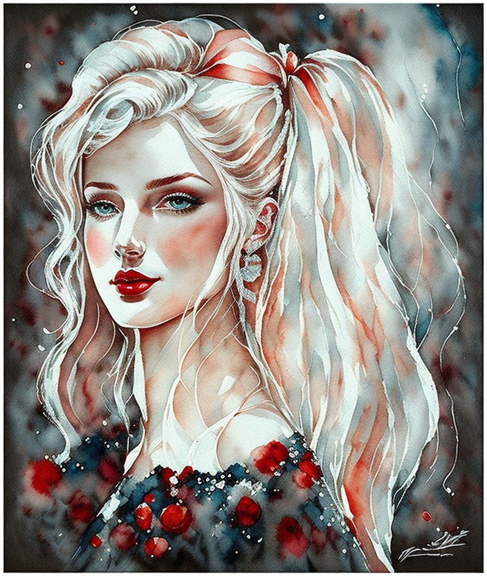 Woman with White Hair in Half-Updo, Blue Eyes, Red Earrings, Floral Dress on Red