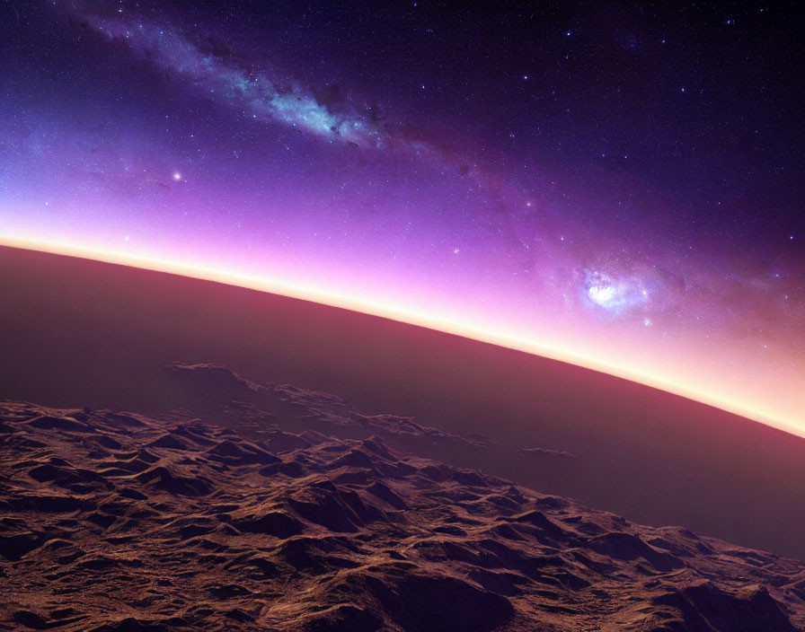 Vibrant sunset over alien landscape with starry sky and distant galaxy