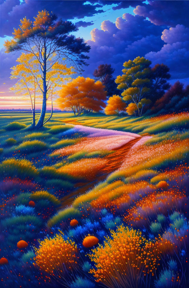 Colorful landscape painting of winding path through illuminated grasses and trees at dusk