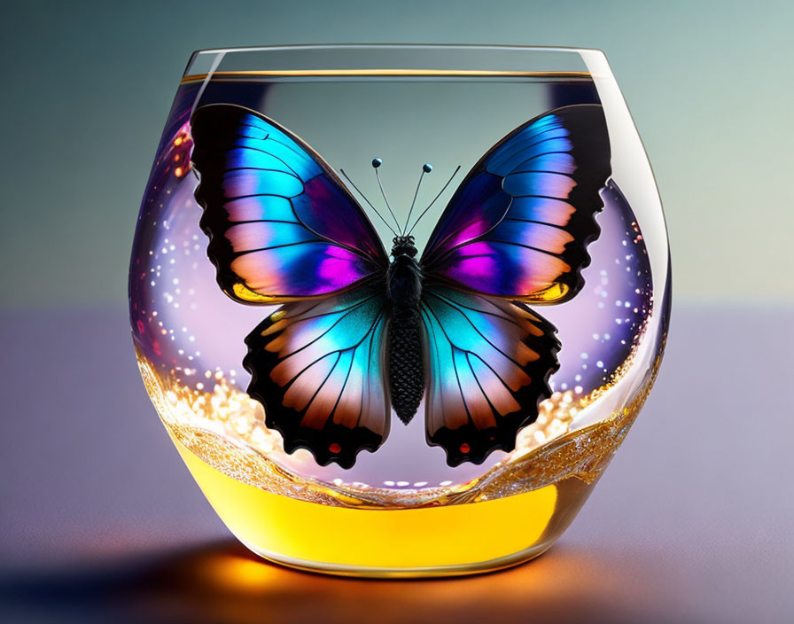 Colorful Butterfly in Golden Liquid Glass on Gradient Background