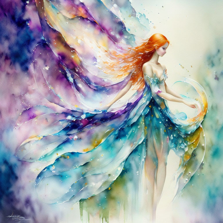 Whimsical fairy with vibrant wings and glowing orb in celestial watercolor