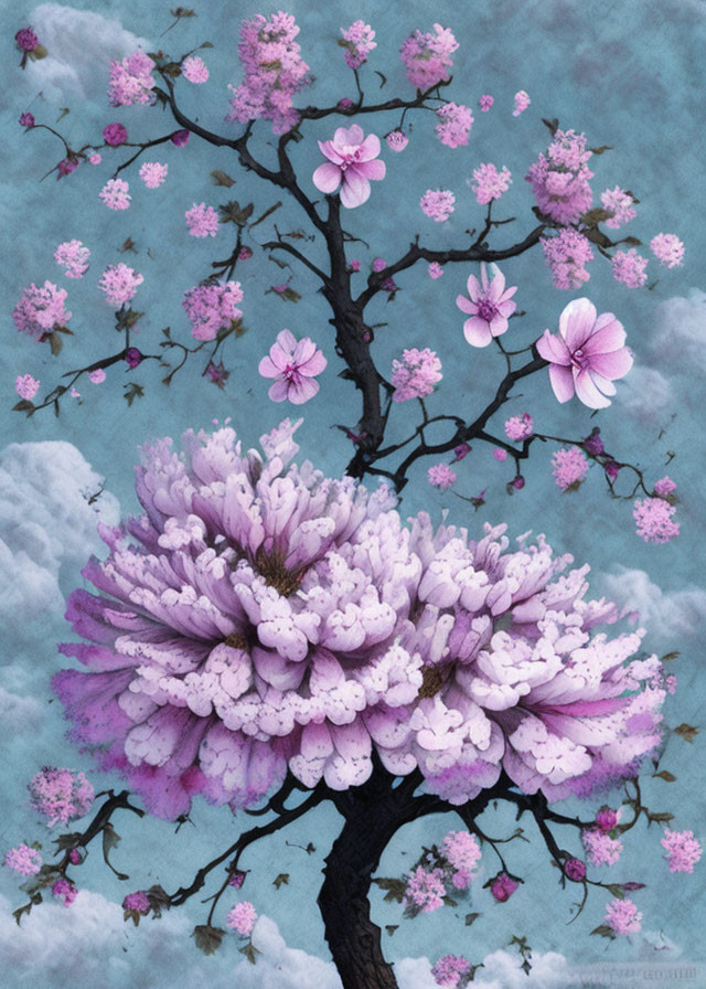 Illustration of whimsical tree with purple flowers on blue cloudy background