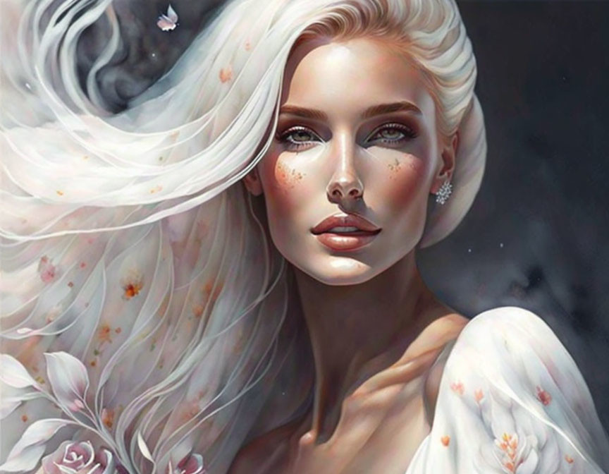 Digital artwork featuring woman with pale skin, green eyes, and freckles amidst ethereal hair and