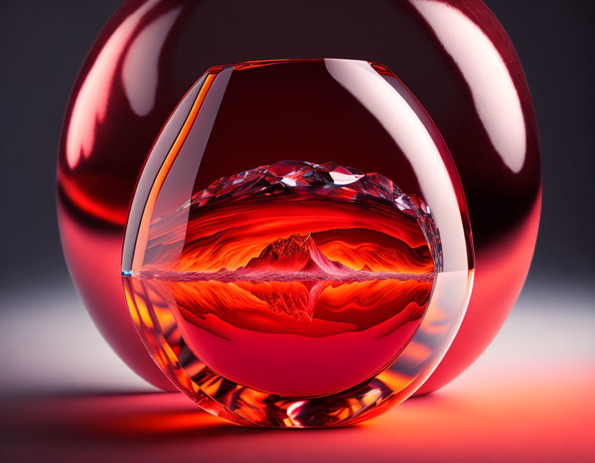 Red Crystal Ball with Carved Jagged Landscape on Gradient Background